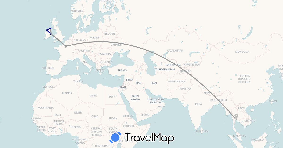 TravelMap itinerary: driving, plane in France, United Kingdom, Ireland, Thailand (Asia, Europe)